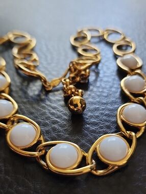 VTG Napier Gold Tone Link Necklace with White Cabochon Accents